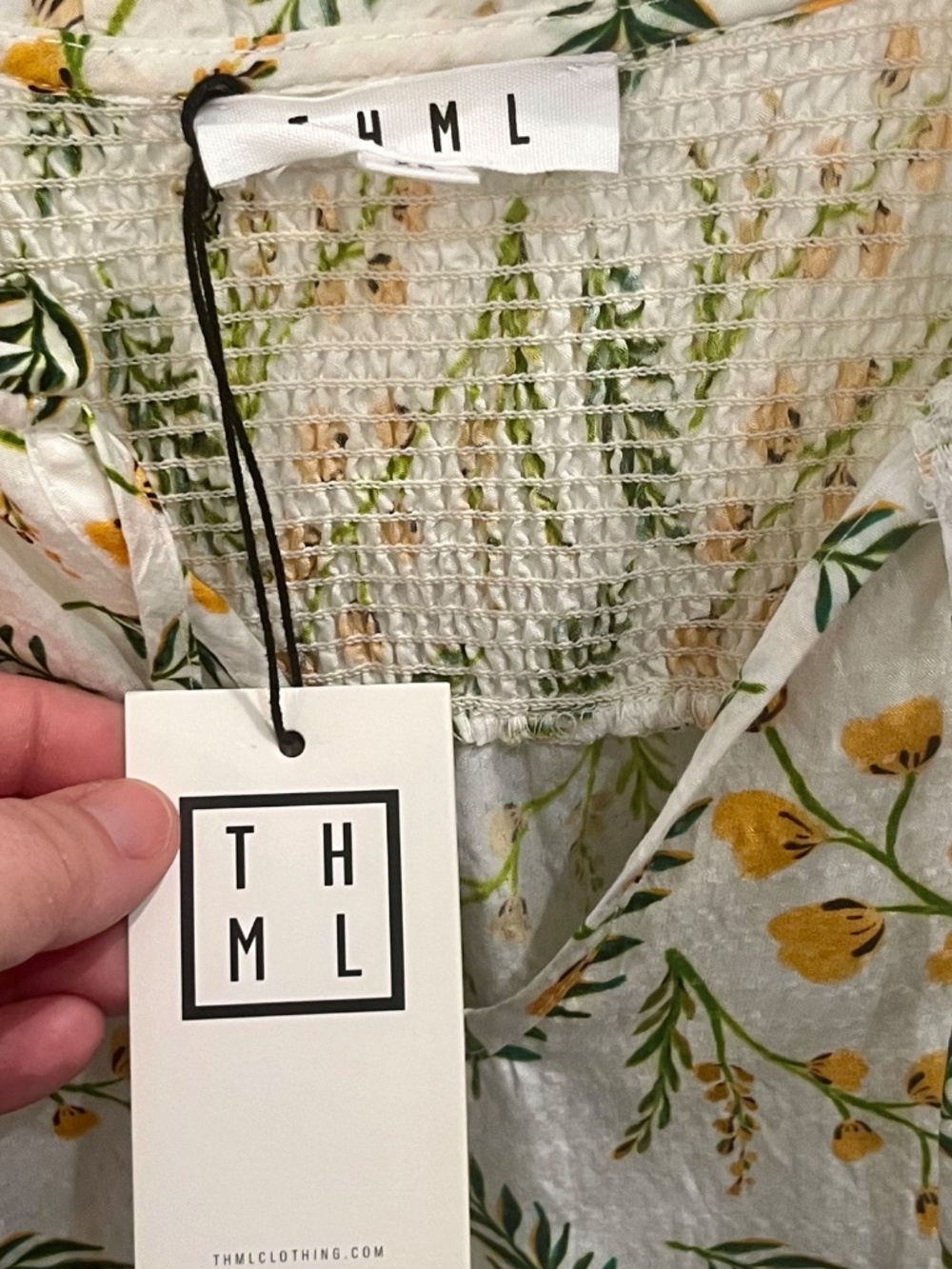 NWT THML Cream Yellow Floral Smocked Puff-Sleeve Blouse with Tassels Size XS - Picture 6 of 9